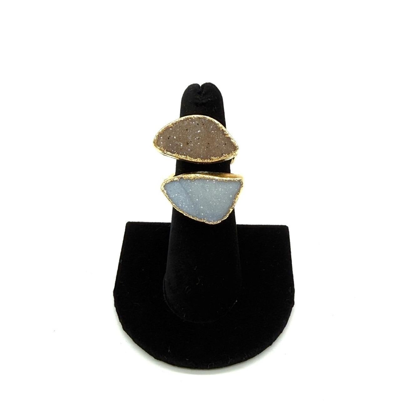NWOT Gold-Trim Druzy Double Stone Ring in Beige and Light Blue