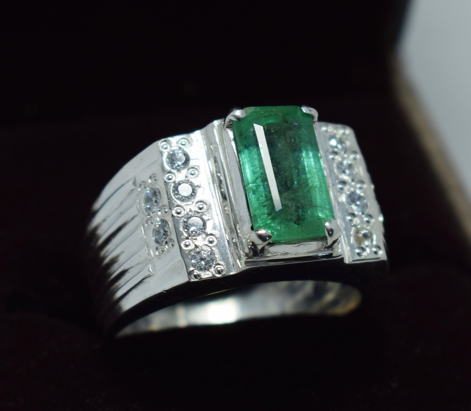 Emerald Ring: Natural Esmeralda, Sterling Silver & Zircon