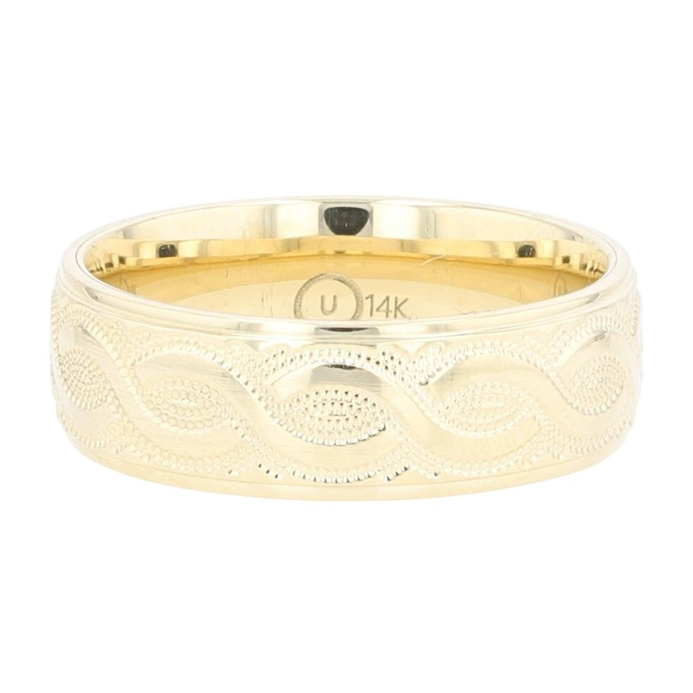 6.9mm Textured Scroll Pattern Wedding Band 14k Yellow Gold 3.98 Grams Size 9
