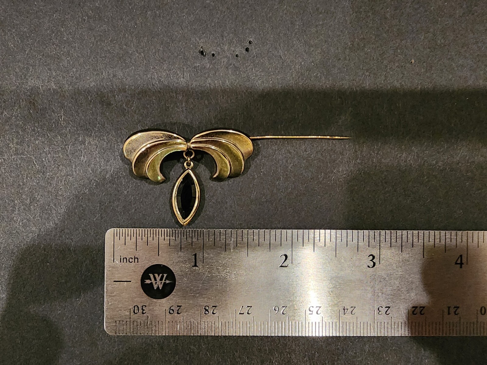 Vintage Gold Tone Bow Brooch Black Faceted Marquise Drop Dangle Pin Costume