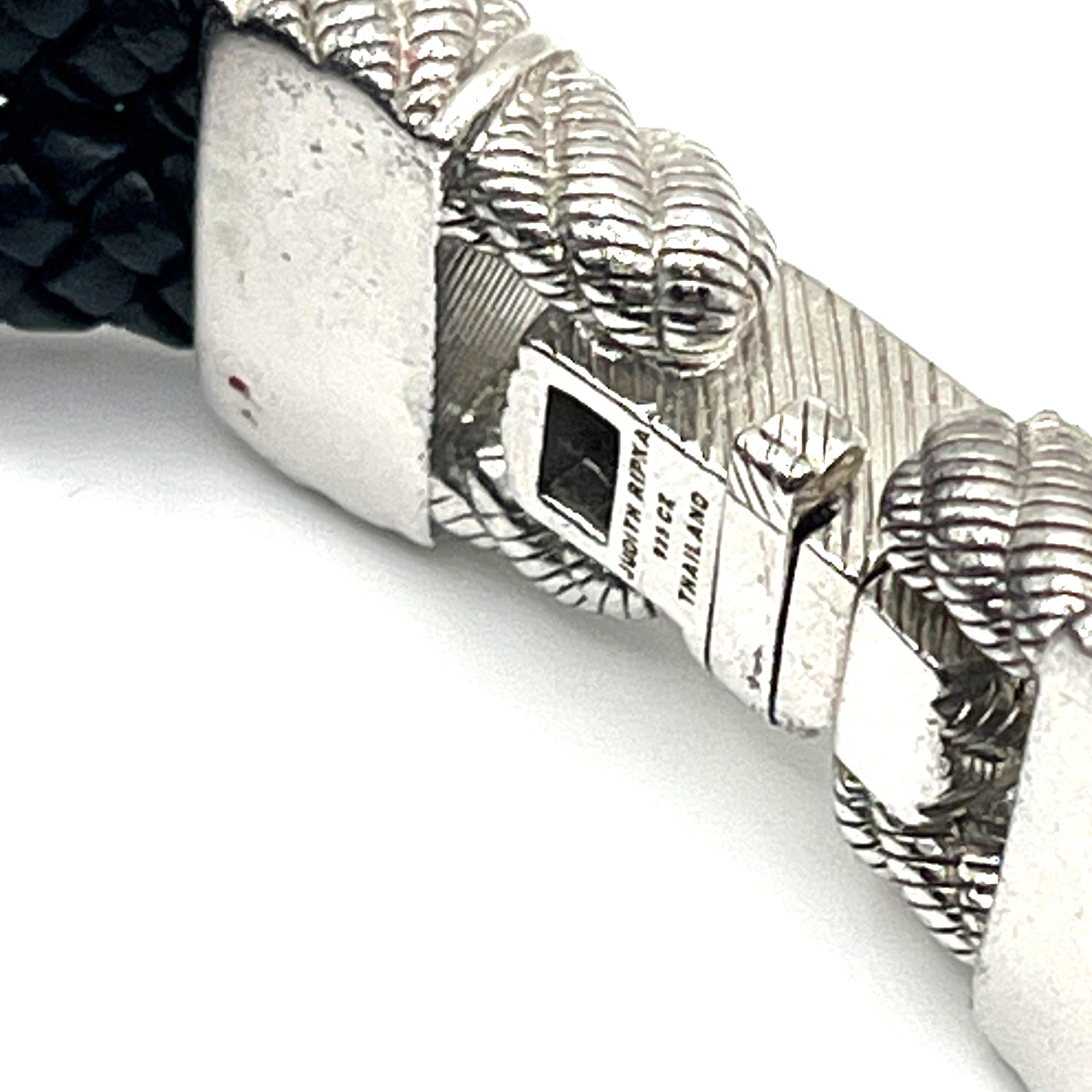 Judith Ripka Bracelet Sz 6.5 Link Black Leather CZ Sterling 925 Push Lock Latch