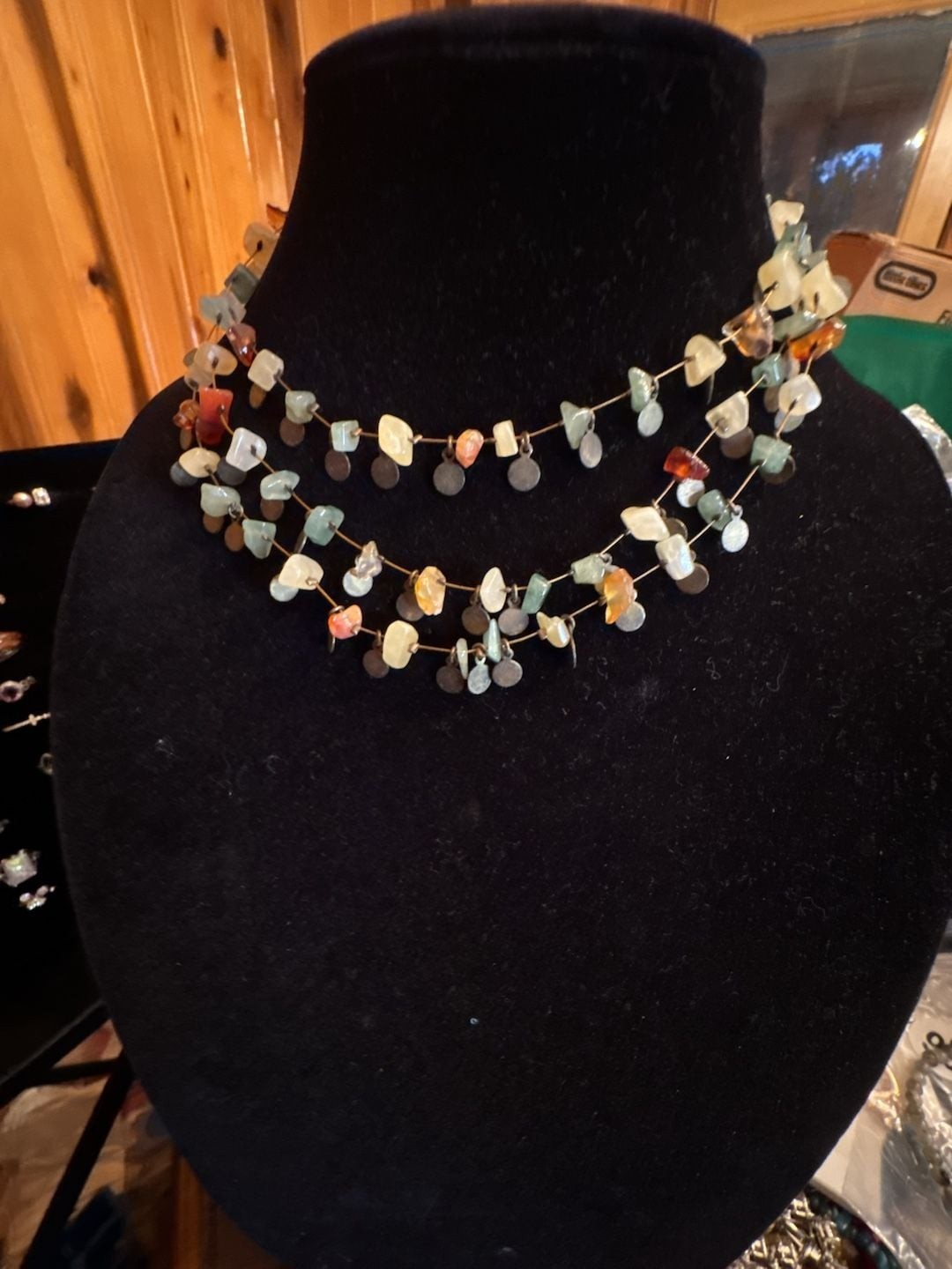 Multi-Strand Mixed Gemstone Chip and Metal Disc Necklace
