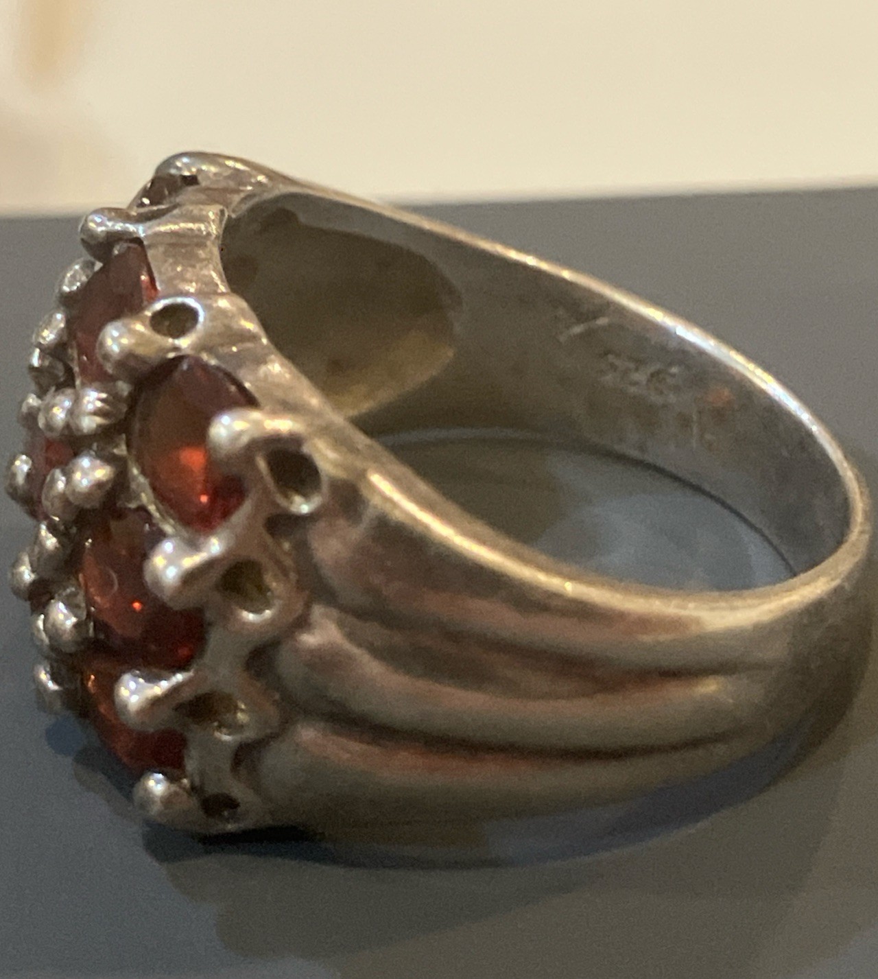 VINTAGE STERLING SILVER HESSONITE GARNET RING SIGNED NF OVAL STONES Size 8.5