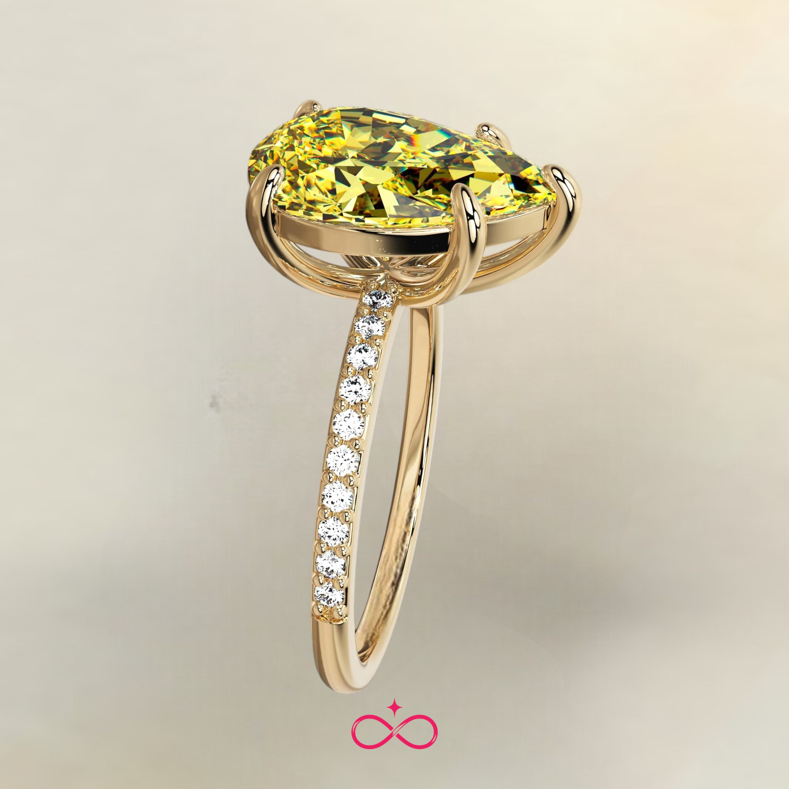 18K Yellow Gold IGI Lab Created Fancy Vivid Yellow Diamond Ring 3.16 CT Pear Cut