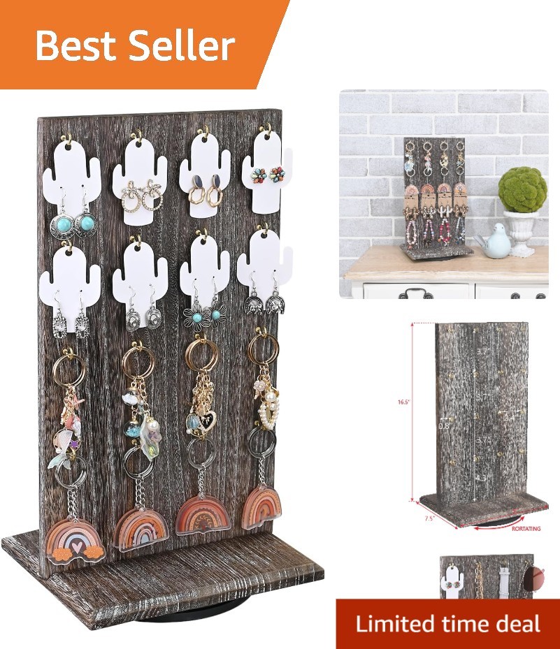 Elegant Wood Rotating Two-Sided Jewelry Display with 32 Hooks in Coffee Finish