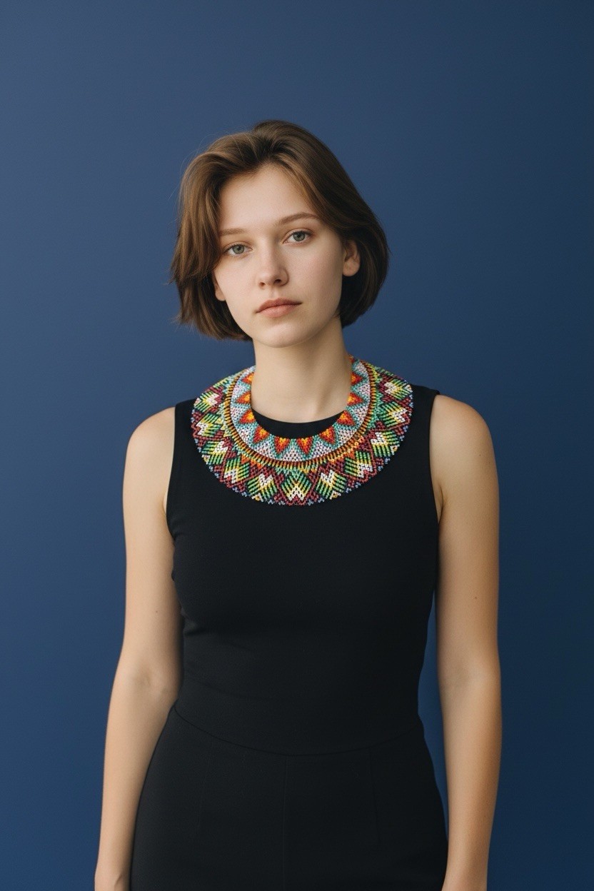 Handmade Colombian Indigenous Beaded Choker Necklace Tribal Statement Collar Bib