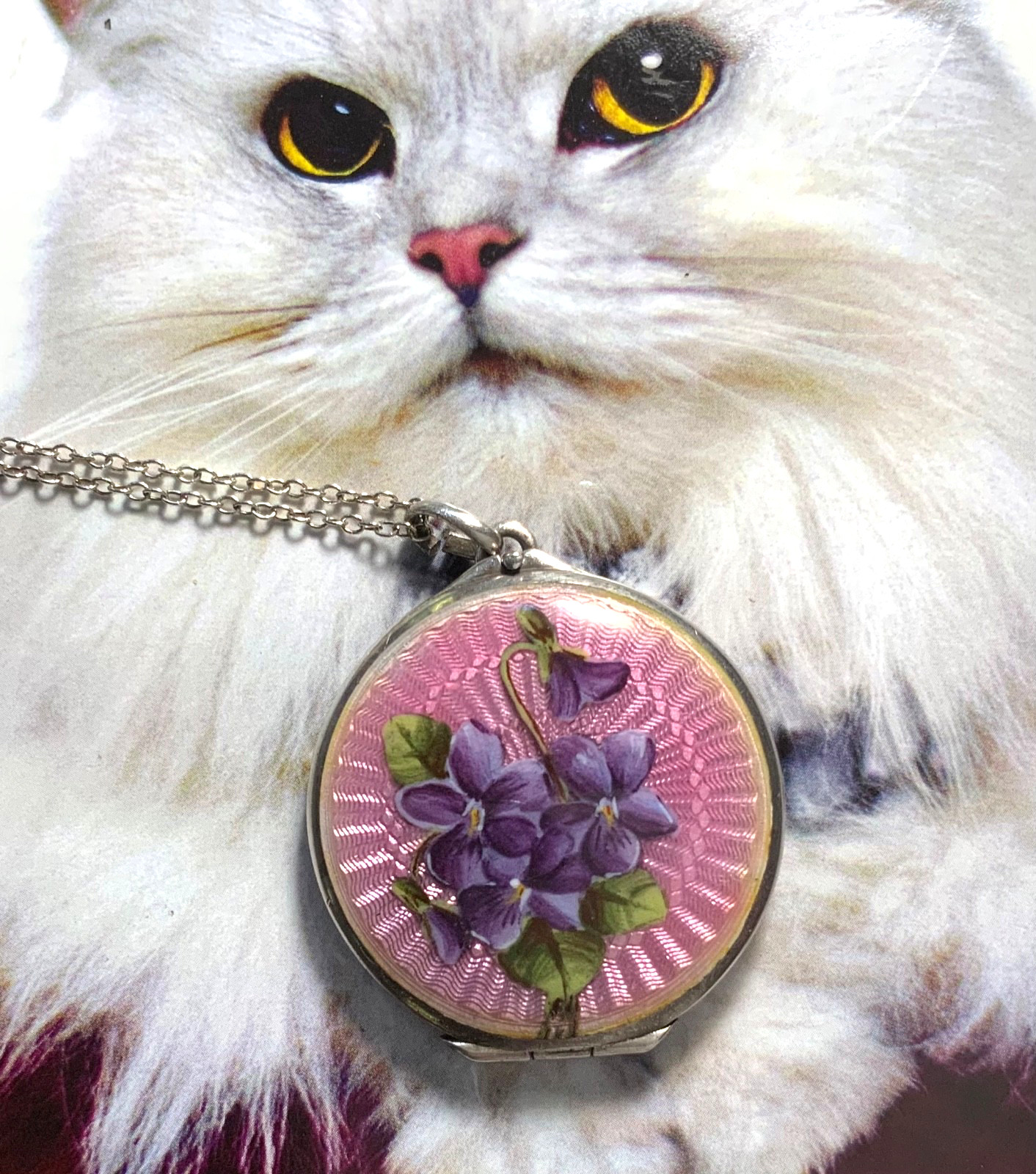LOVELY Antique STERLING ENAMEL GUILLOCHE PINK LOCKET w VIOLETS Necklace M*I*N*T