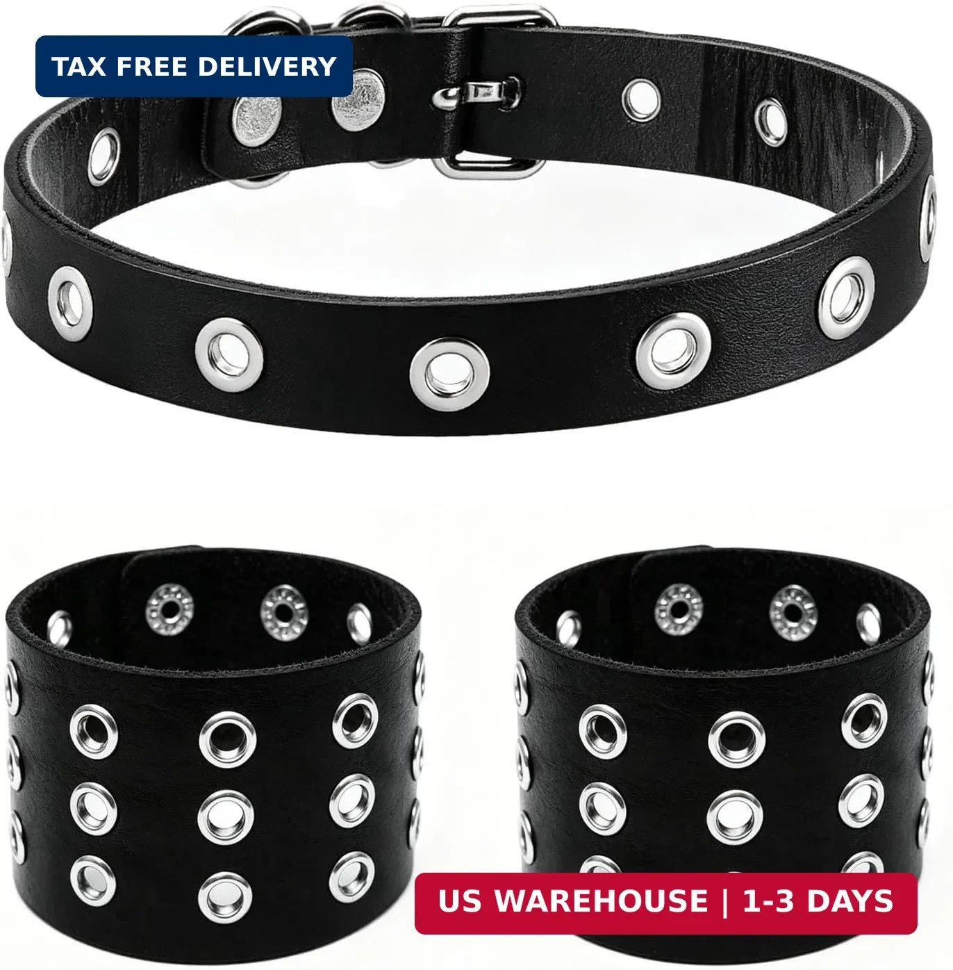 Studded Leather Choker Necklace and Bracelets Set for 80s 90s Vintage Women Men