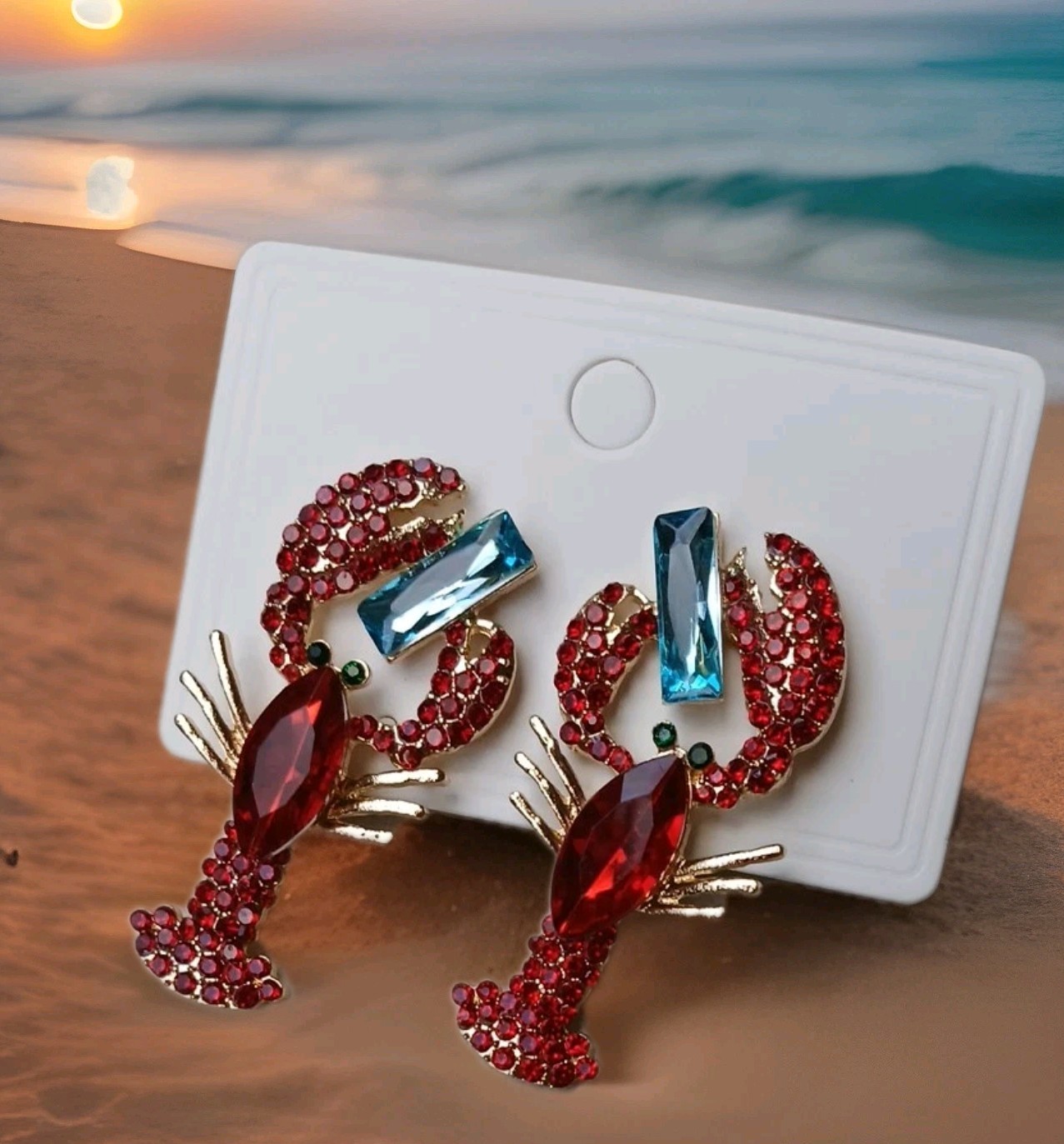 Large Statement Lobster W/blue ice Stone Lg Red Stone & Rinestones Goldtone