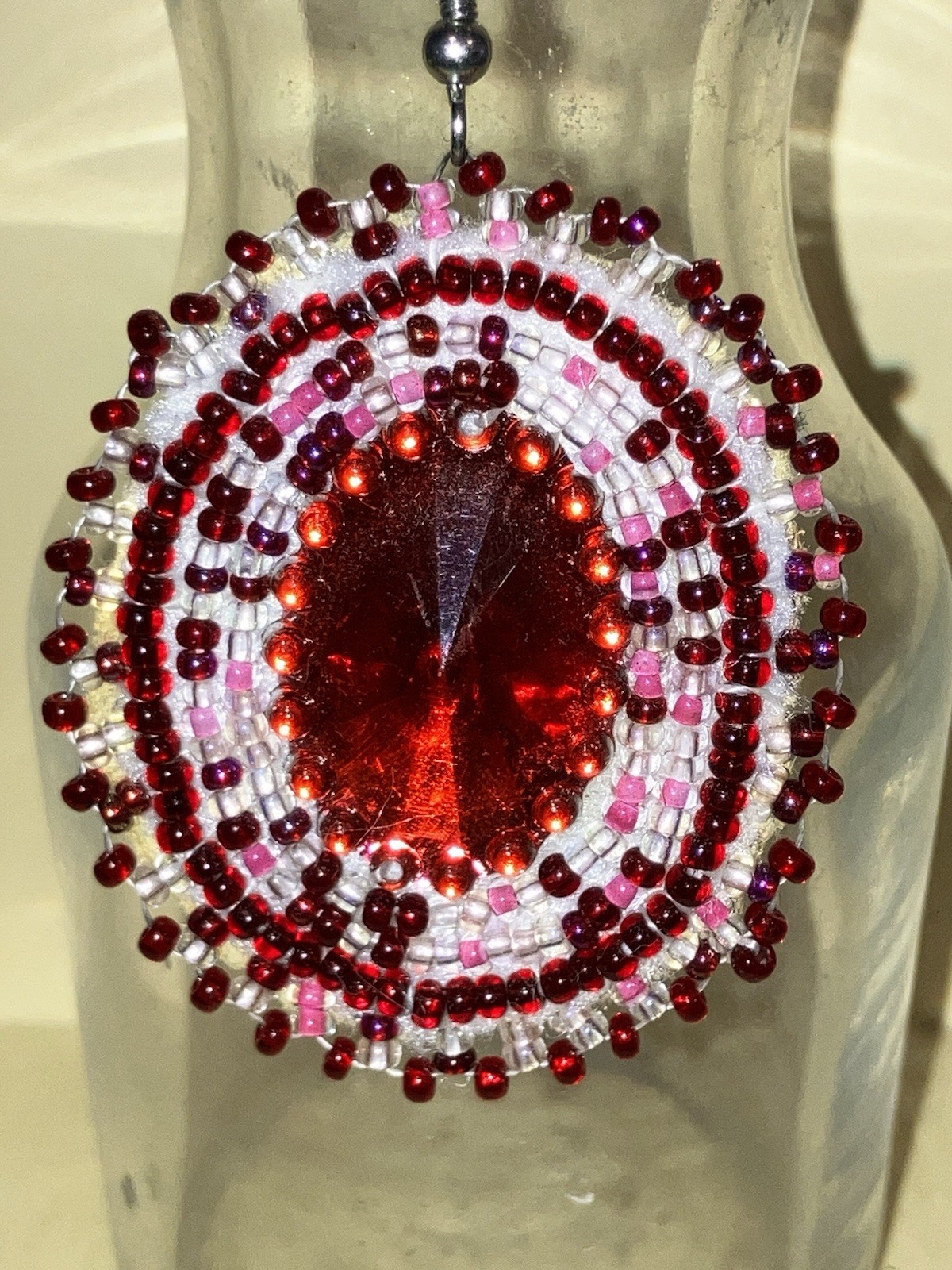Handcrafted Beaded Dangle Hook Earrings Red Oval Glass Center Pink Clear Beads