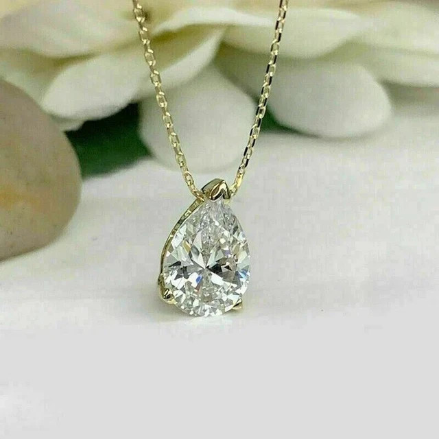 3Ct Pear Cut Lab-Created Diamond Solitaire Pendant Chain 14K Yellow Gold Plated