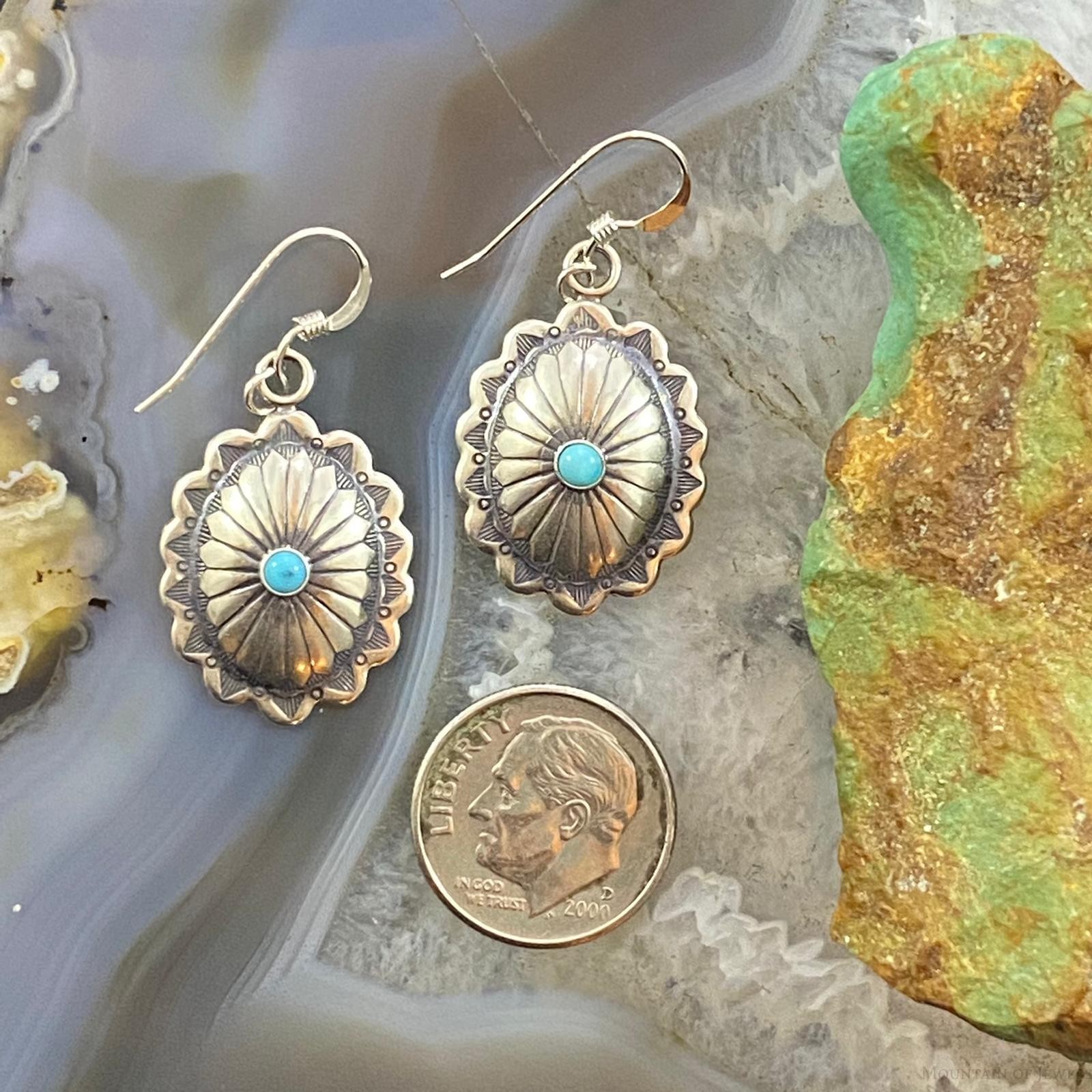 Native American Sterling Turquoise Dot Stamped Concho Dangle Earrings For Women
