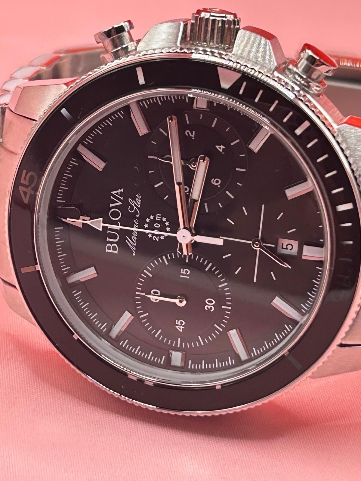 Bulova Marine Star Series C 96B272 Black Dial Stainless Quartz Men’s Watch 45mm