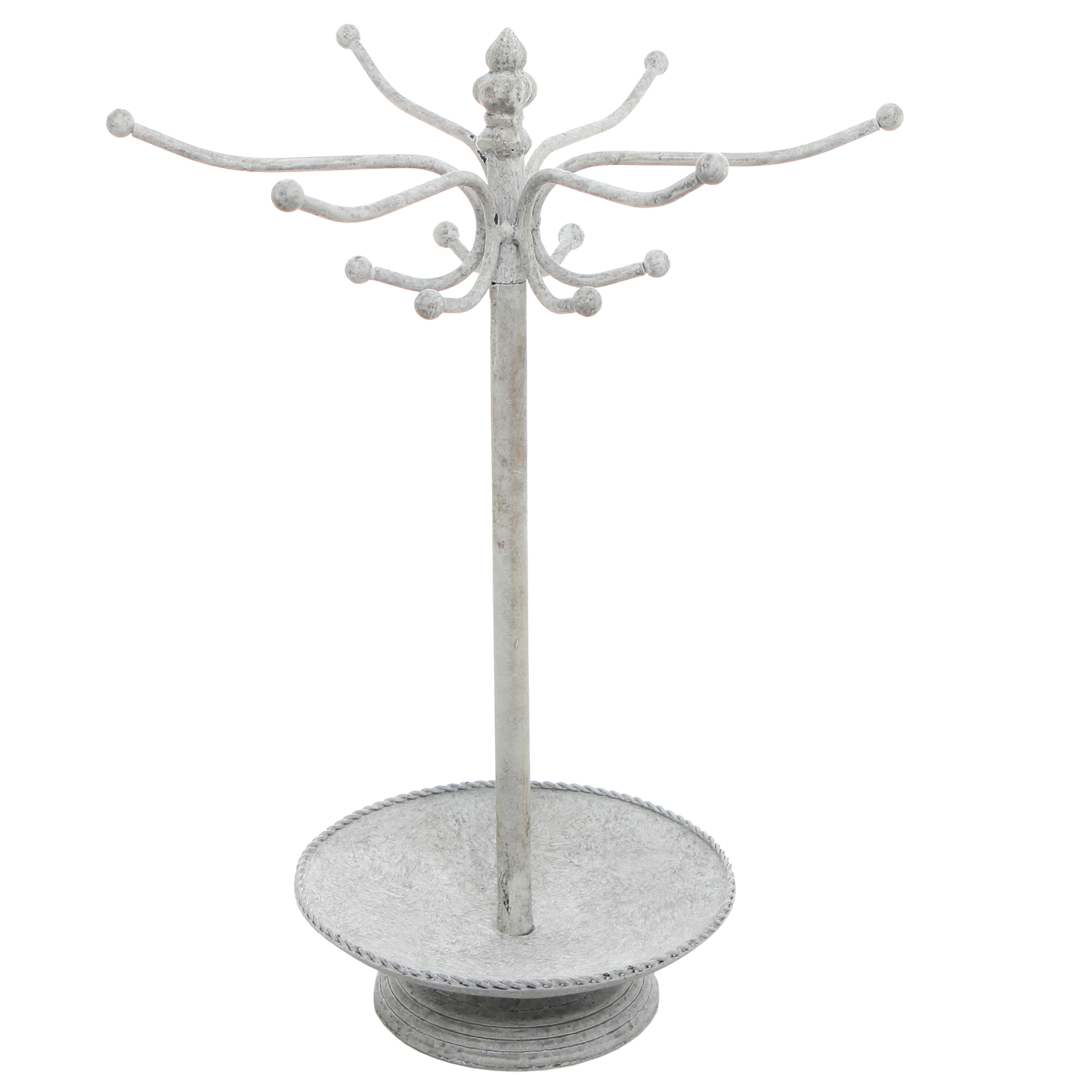 White Metal Jewelry Tree Organizer, Necklace Rack Stand w/ Ring Tray & 12 Hooks