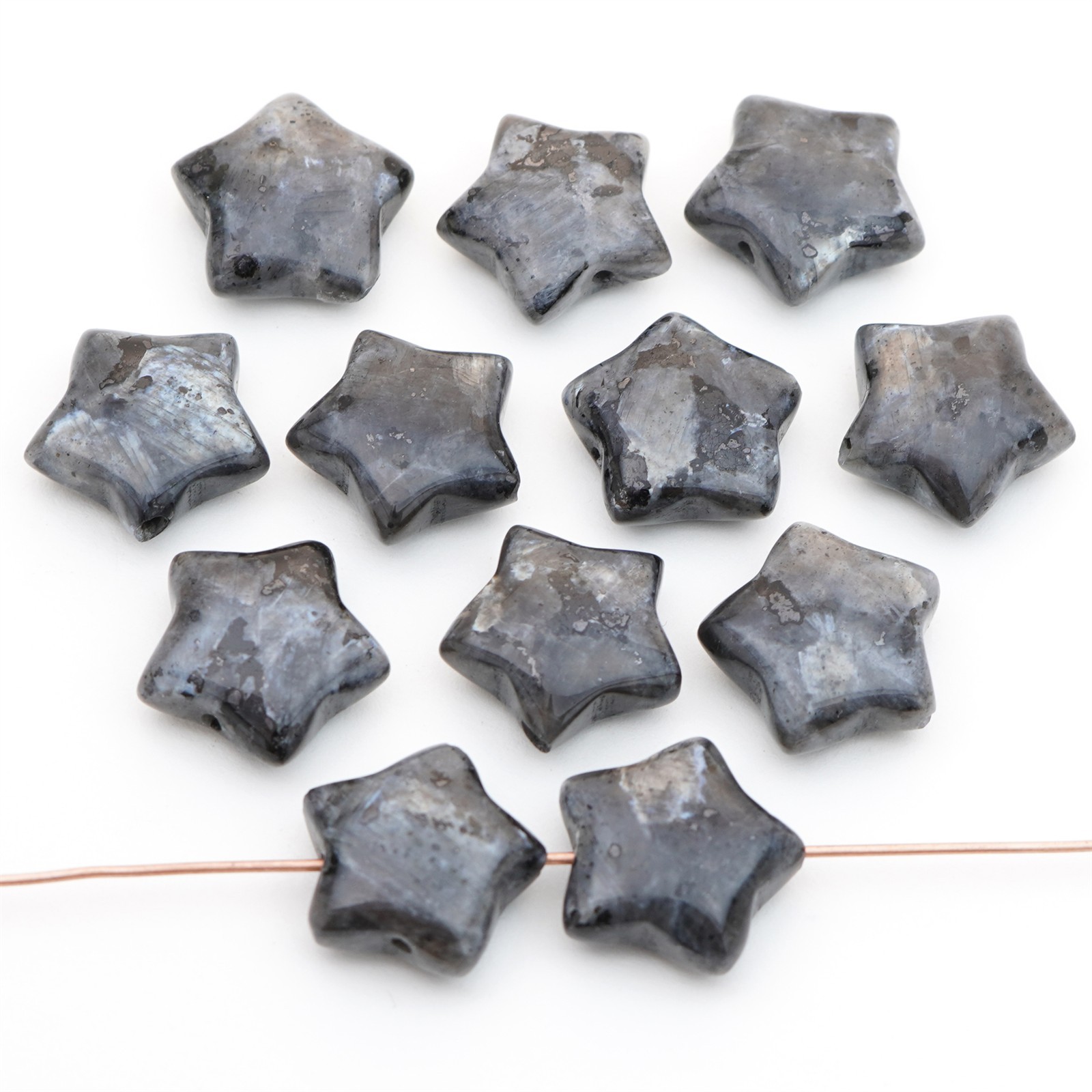12 flat Norwegian moonstone star beads grey black larvikite stone avg 15mm