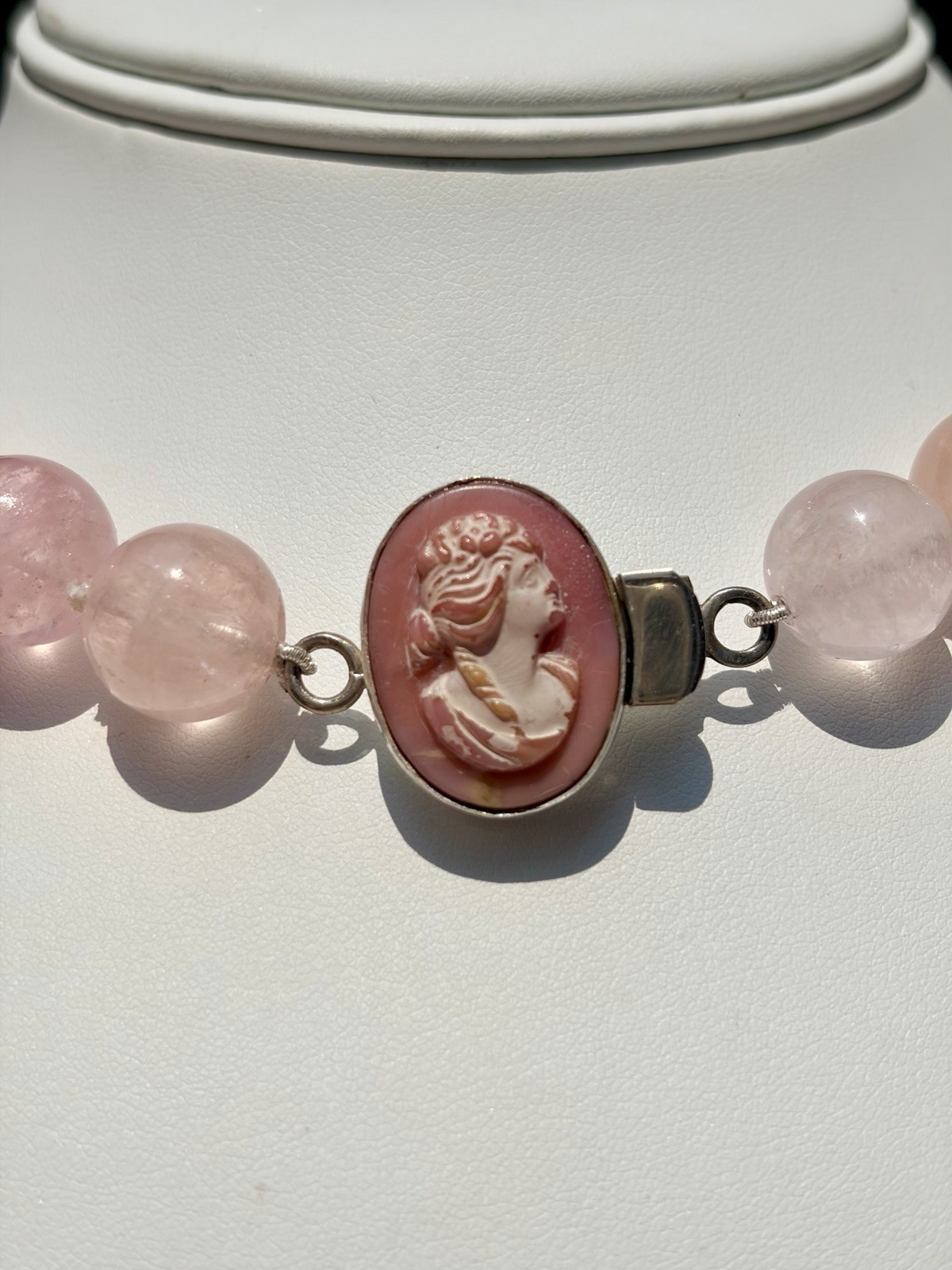 Madagascar Rose Quartz Necklace 14mm Silk Knotted 925 Cameo Clasp OOAK VTG