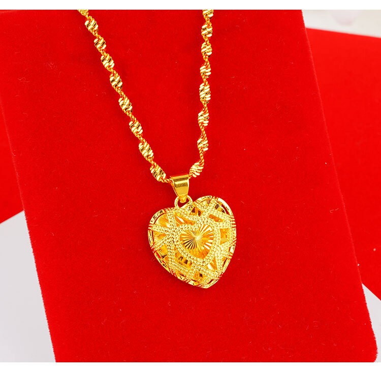 Women Hollow Heart Necklace 22k 23k 24k Thai Baht Yellow Gold Gp Necklace