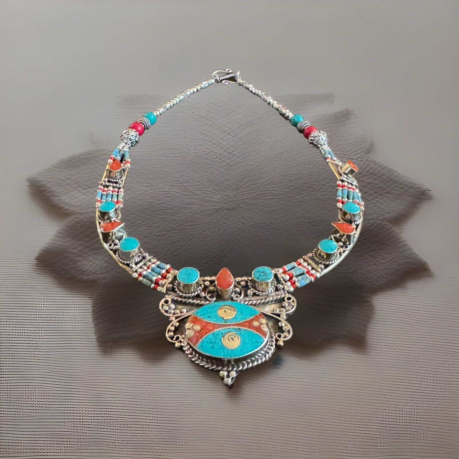 Ethnic tribal theme hand crafted necklace inlay stones set in Tibetan silver19”