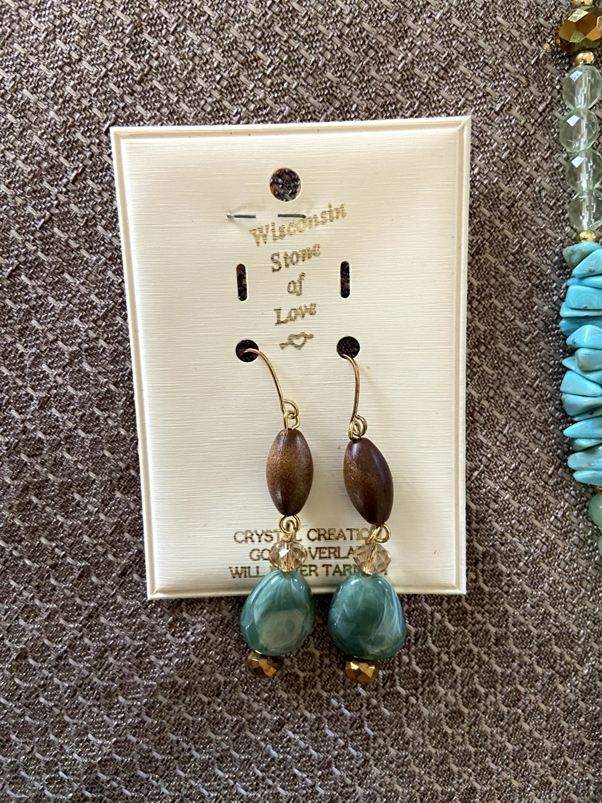 Beaded Necklace and Earrings Set, Brown, Turquoise, And Green, 27 Inch