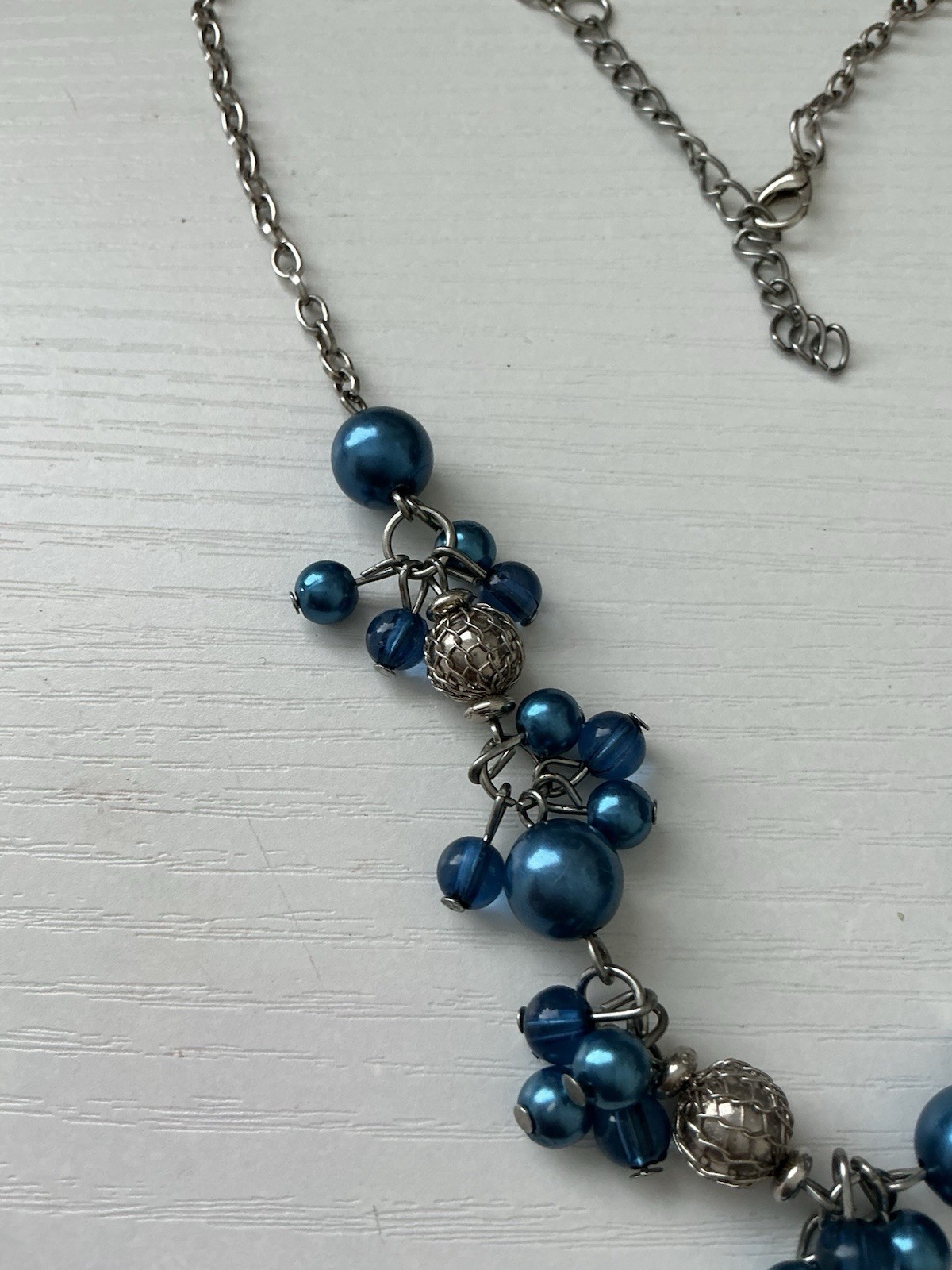 Unbr Added Silver Tone Chain With Variety Sizes Blue Gems Necklace 10” L Or 20”R