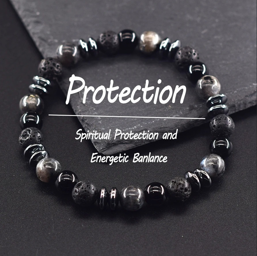 Black Labradorite Volcanic 8mm Stone Beads Bracelet Spiritual Protection Jewelry