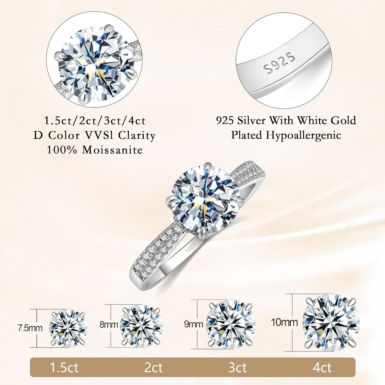 1.5-4CT D VVS1 Two-Tone 18K Gold Plated S925 Moissanite Engagement Ring