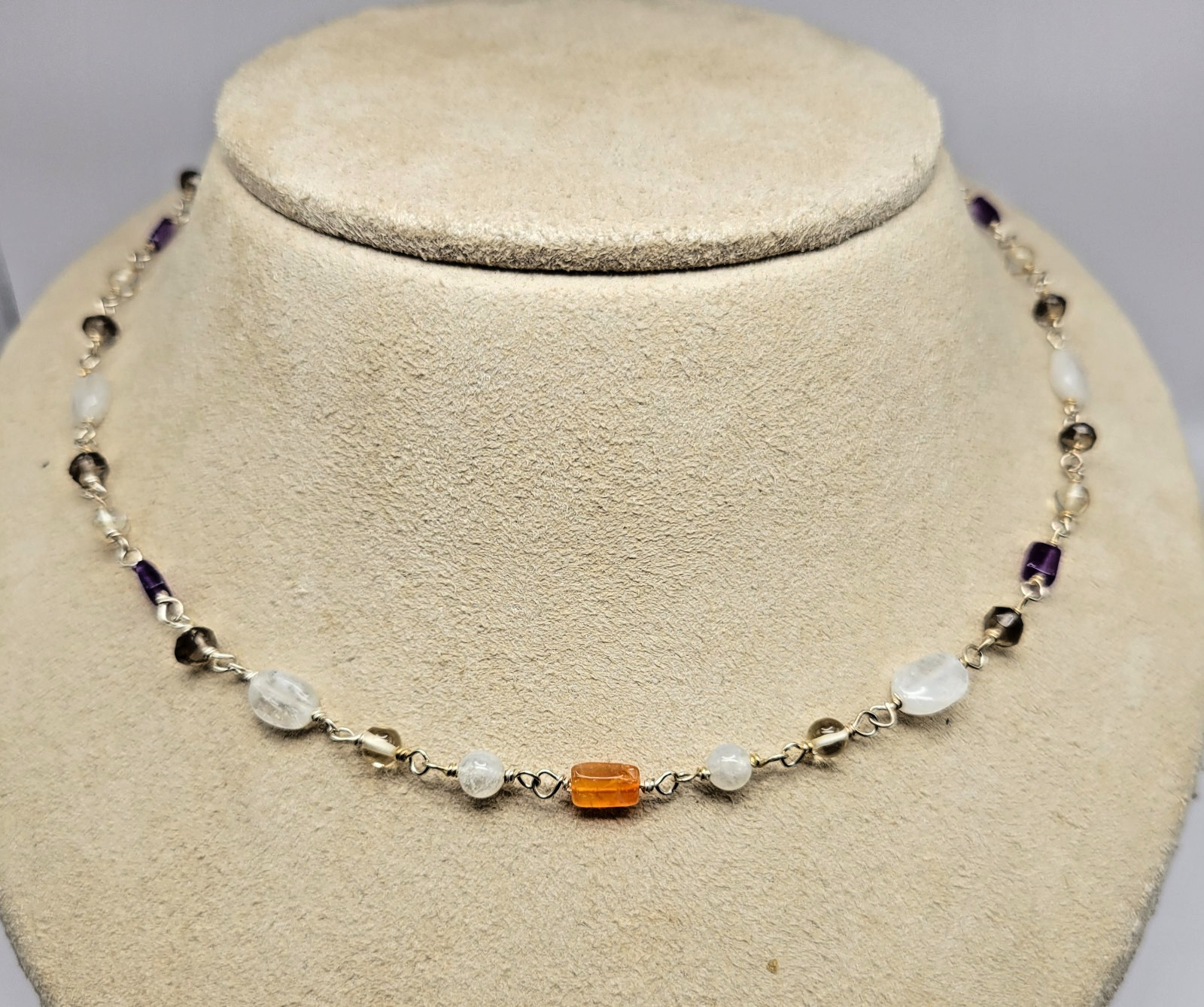 Sterling Silver Moonstone Amethyst Carnelian Smoky Quartz Necklace ~ 18.5″