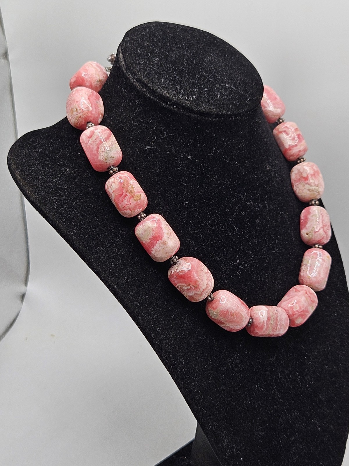 Hand Crafted Rhodochrosite Chunky Beaded Statement Necklace W/ Sterling…