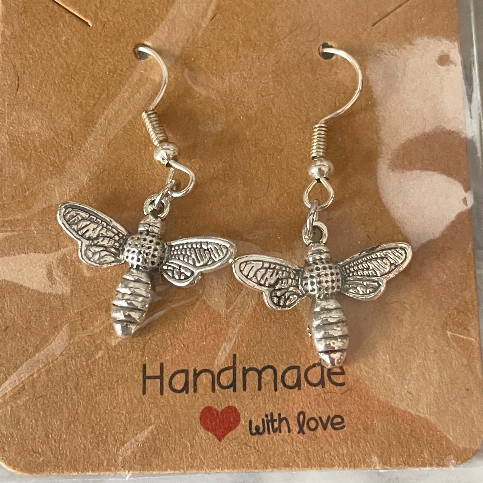 Pocket Hug – Handmade Earrings Silver Tone Large Bee Charm Drop Hook Gift