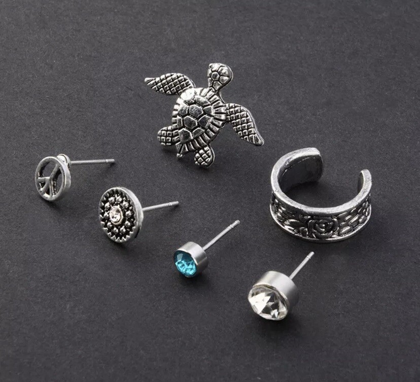 6pc Set~ Earrings Bohemian Art Sea Turtle Cartilage Cuff Hoop W/ gift Box 🎁 !!