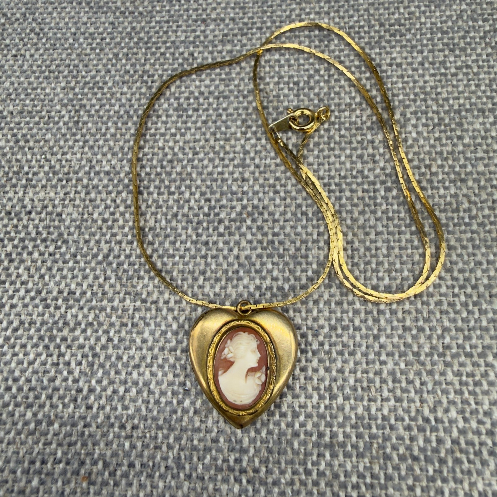 Vintage Necklace Heart Locket Cameo 10 KT Gold Filled Blue Guilloche Inside