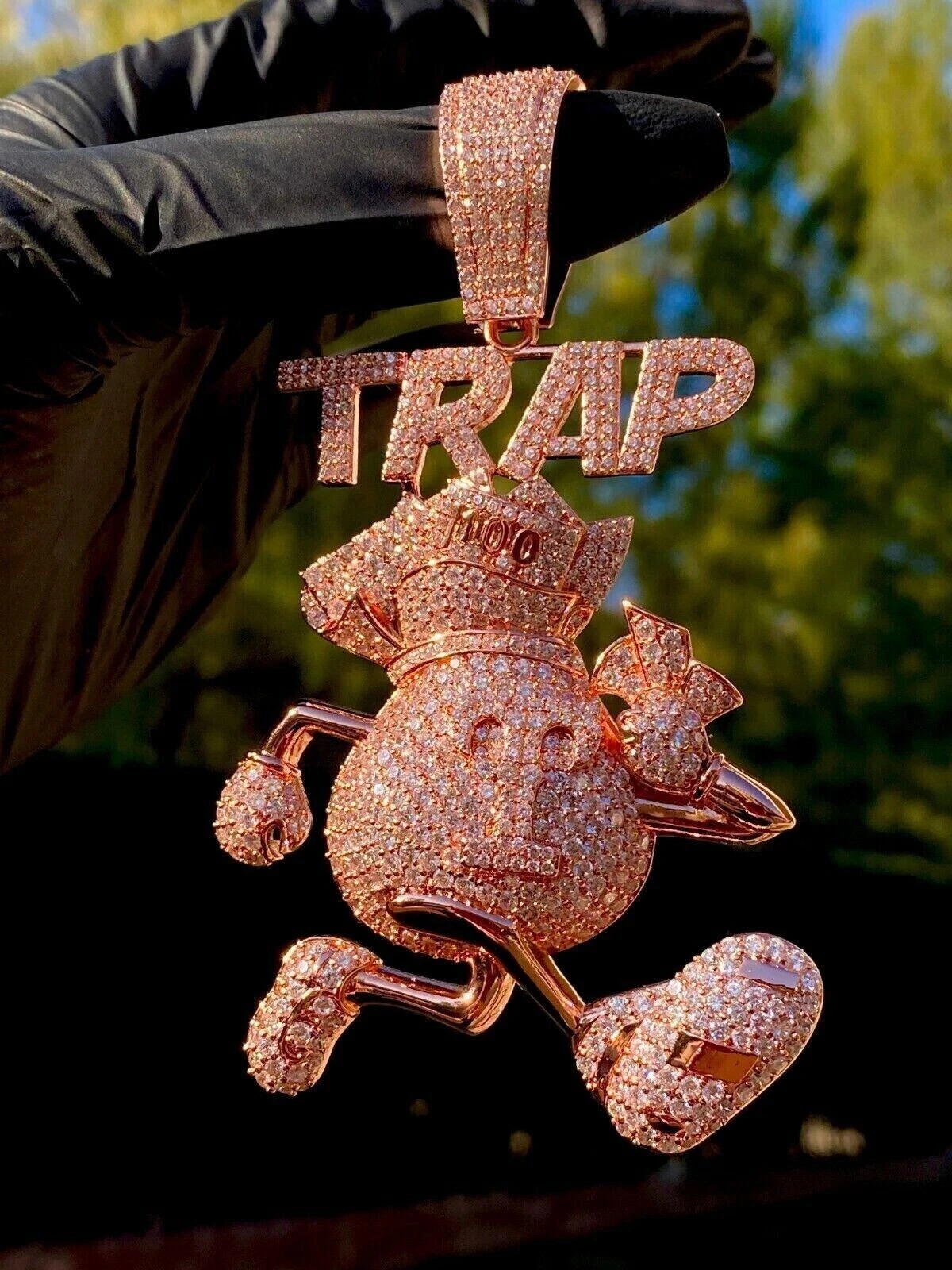 2.40Ct Lab Created Diamond Round Trap Money Bag Big Pendant 14K Rose Gold Plated
