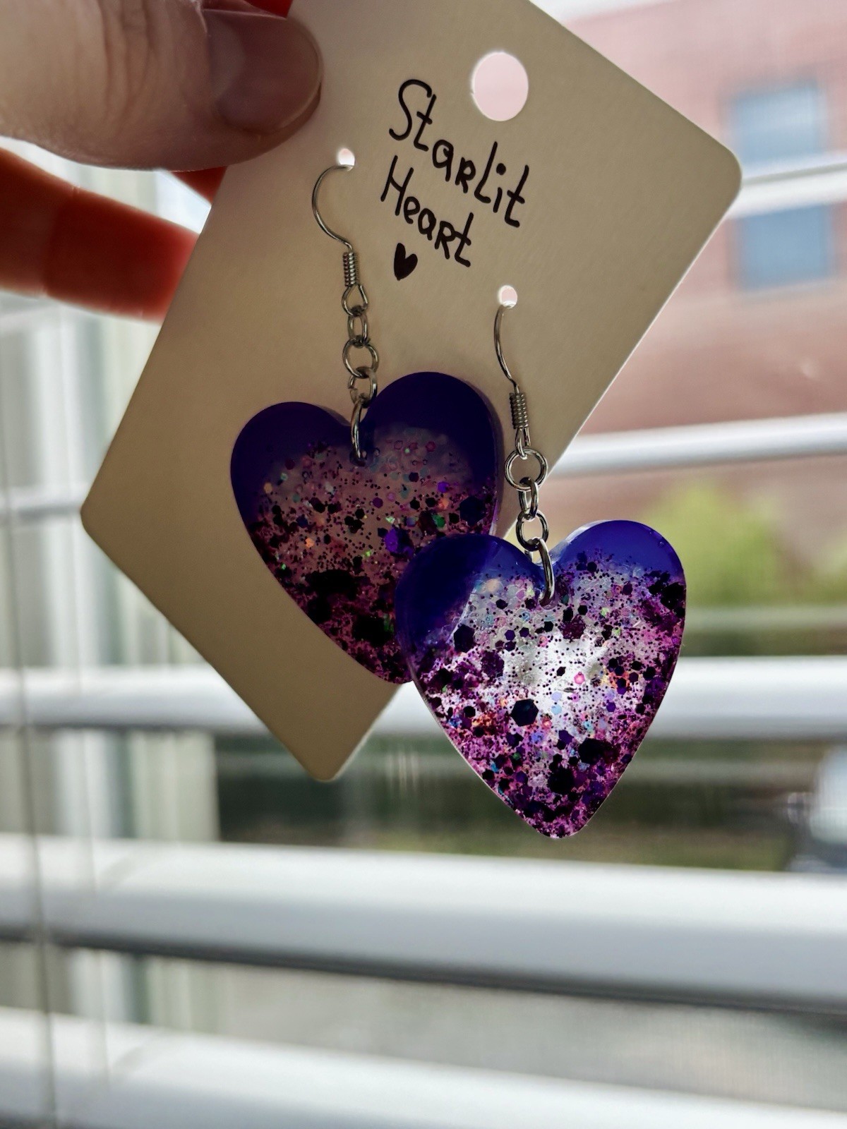 Starlit Heart Resin Heart Earrings Handmade Purple Pink Glitter Galaxy