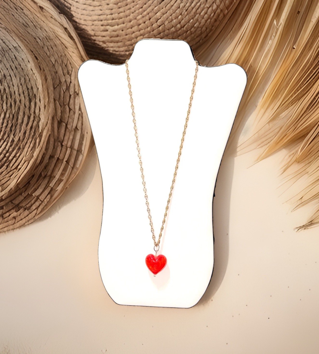 Red Swirl Glass Heart Pendant Necklace 24KGP Gold Puffed Mariner Link Chain
