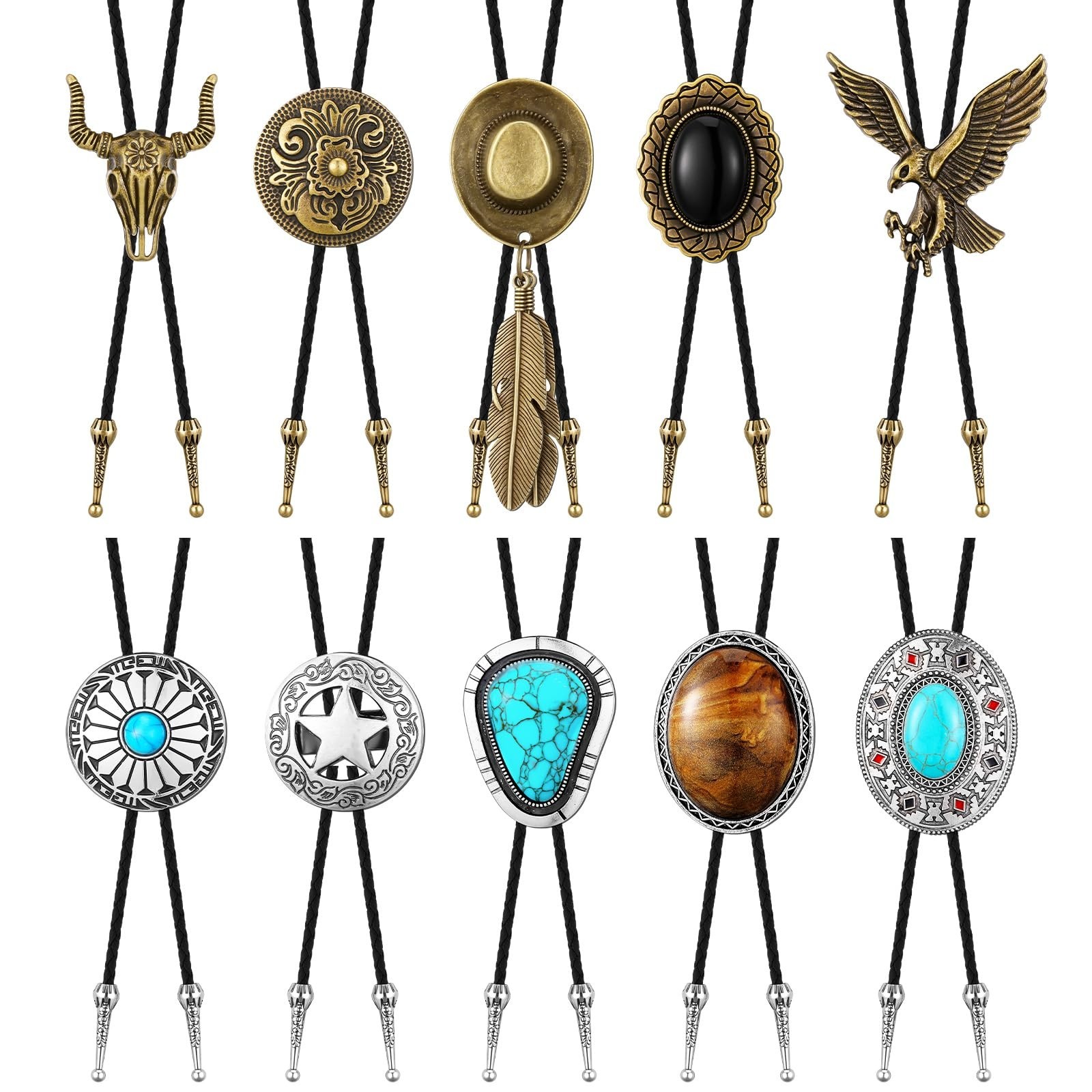10 Pcs Western Cowboy Bolo Tie Set for Men & Women, Leather Neckties with Tiger