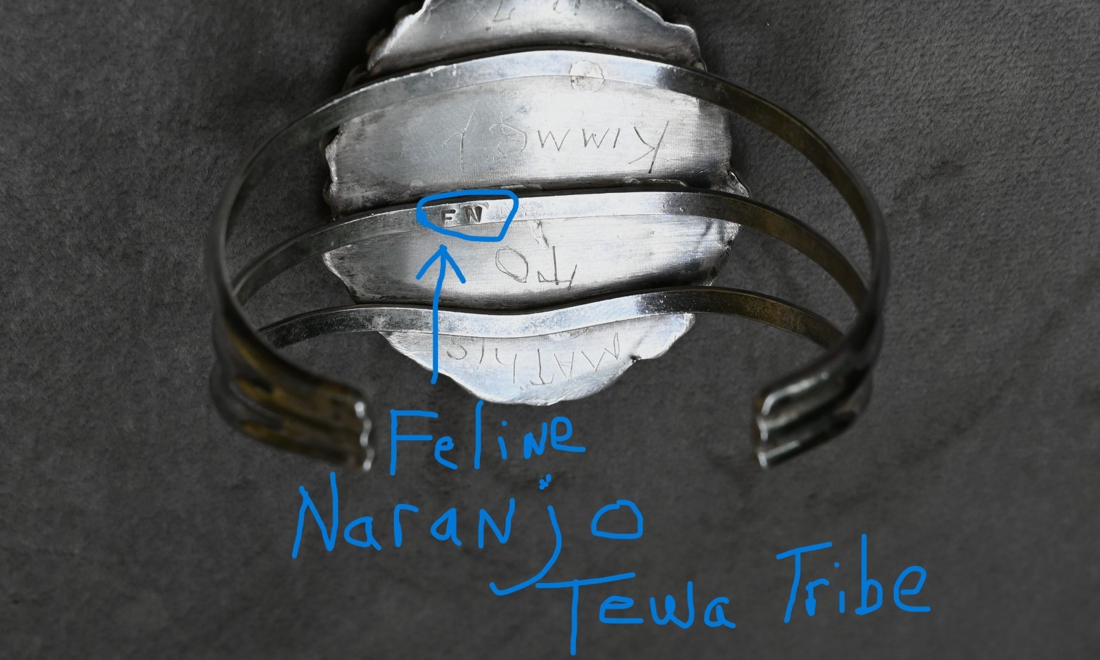 Tewa Pueblo Ga’an Dancer by Feline Naranjo Sterling & Gemstone 37 grm 6 3/4″ fit