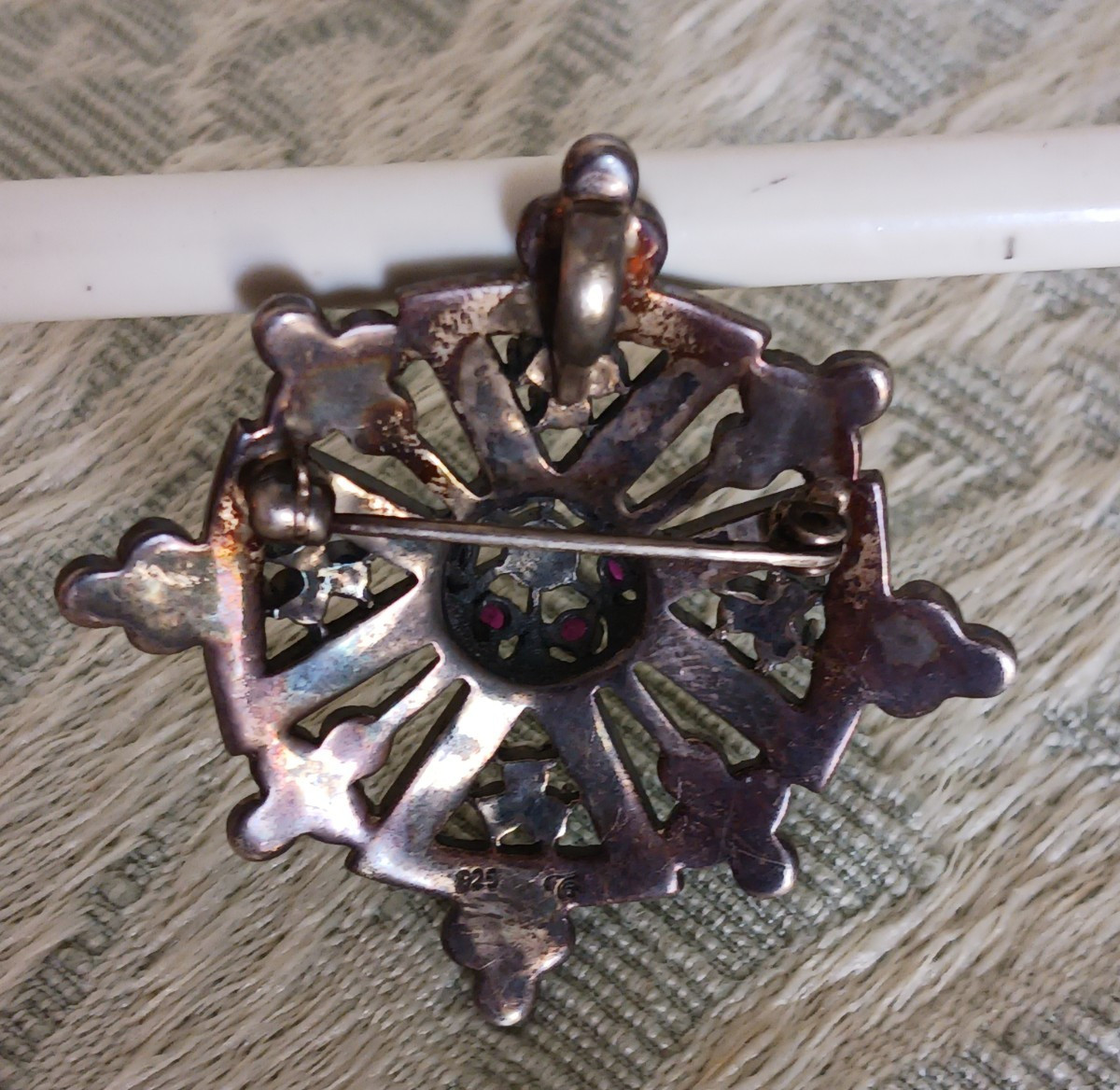 Antique Sterling Maltese Brooch Rubies, Marcasites, Seed Pearls