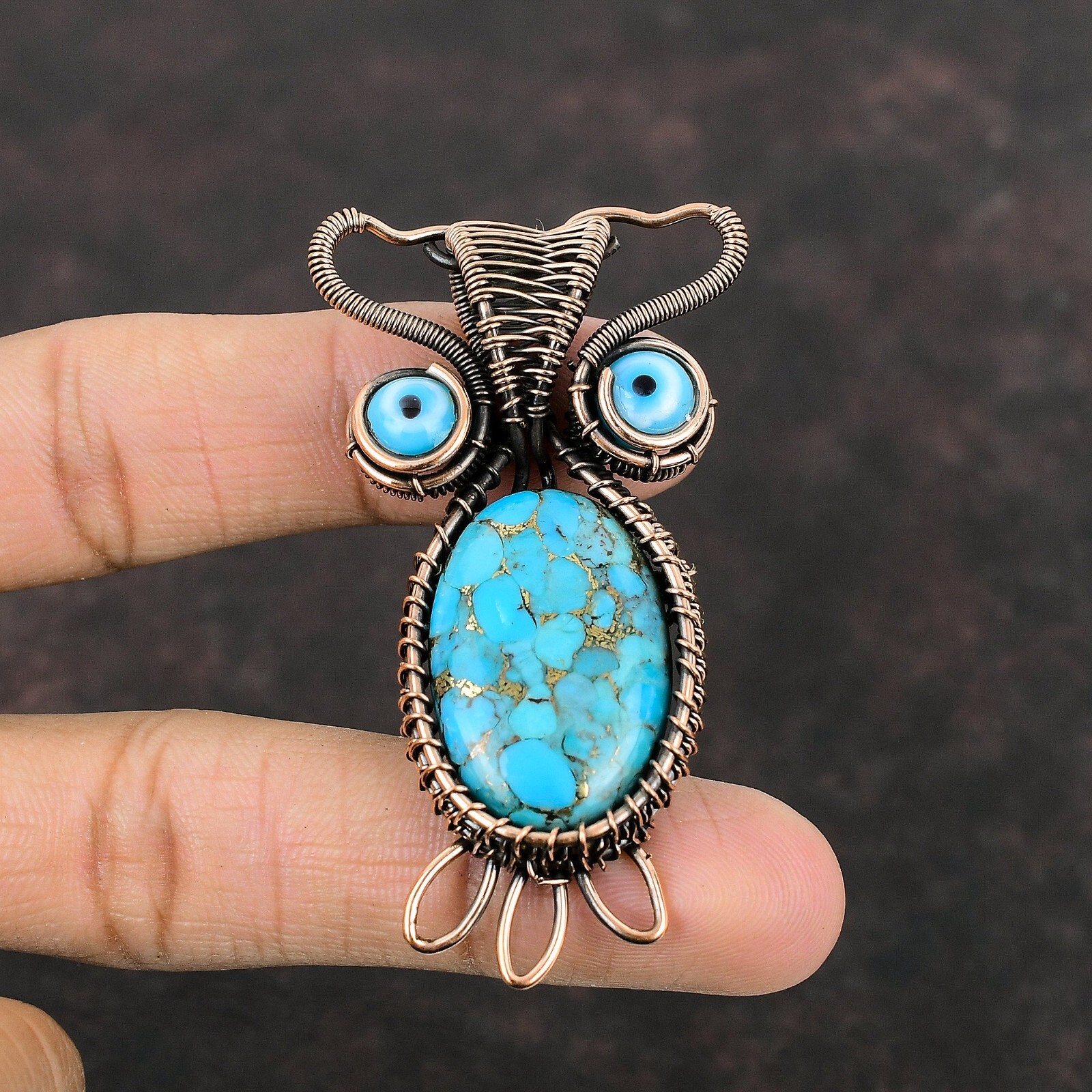 Valentines Sale Oval Copper Blue Turquoise Stone Copper Wire Wrapped Owl Pendant