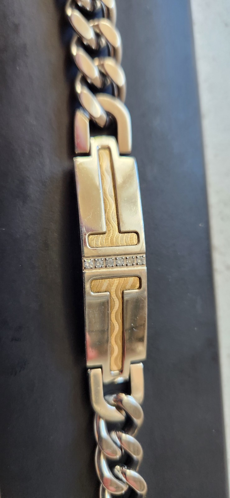 Macy’s Mens Stainless Steel And Gold Bracket With Melee Diamonds