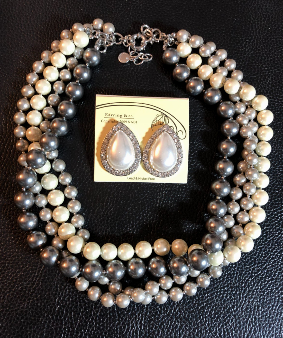 Faux Tahitian Pearl Glass Bead Multistrand Necklace Black Cream Gray Silver 8624