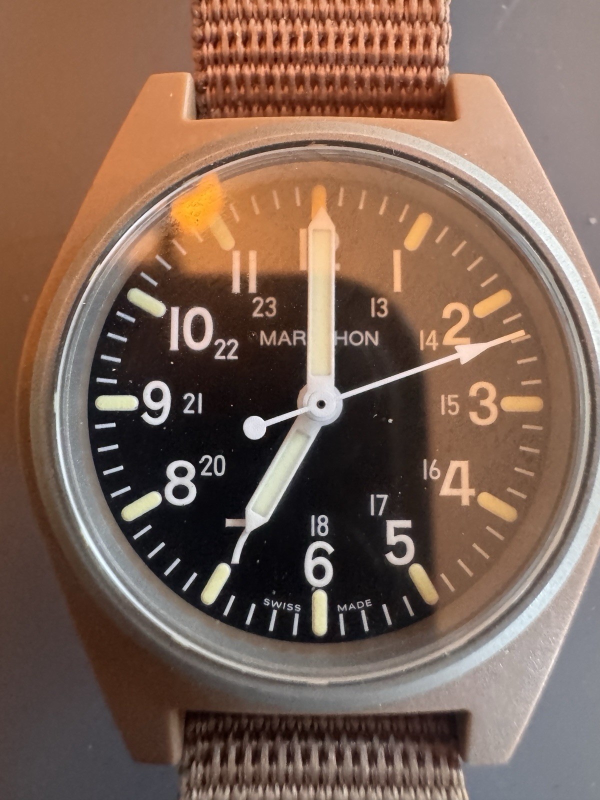 Marathon Quartz Military Field Watch Black Dial Brown Nylon Strap Compass Bezel