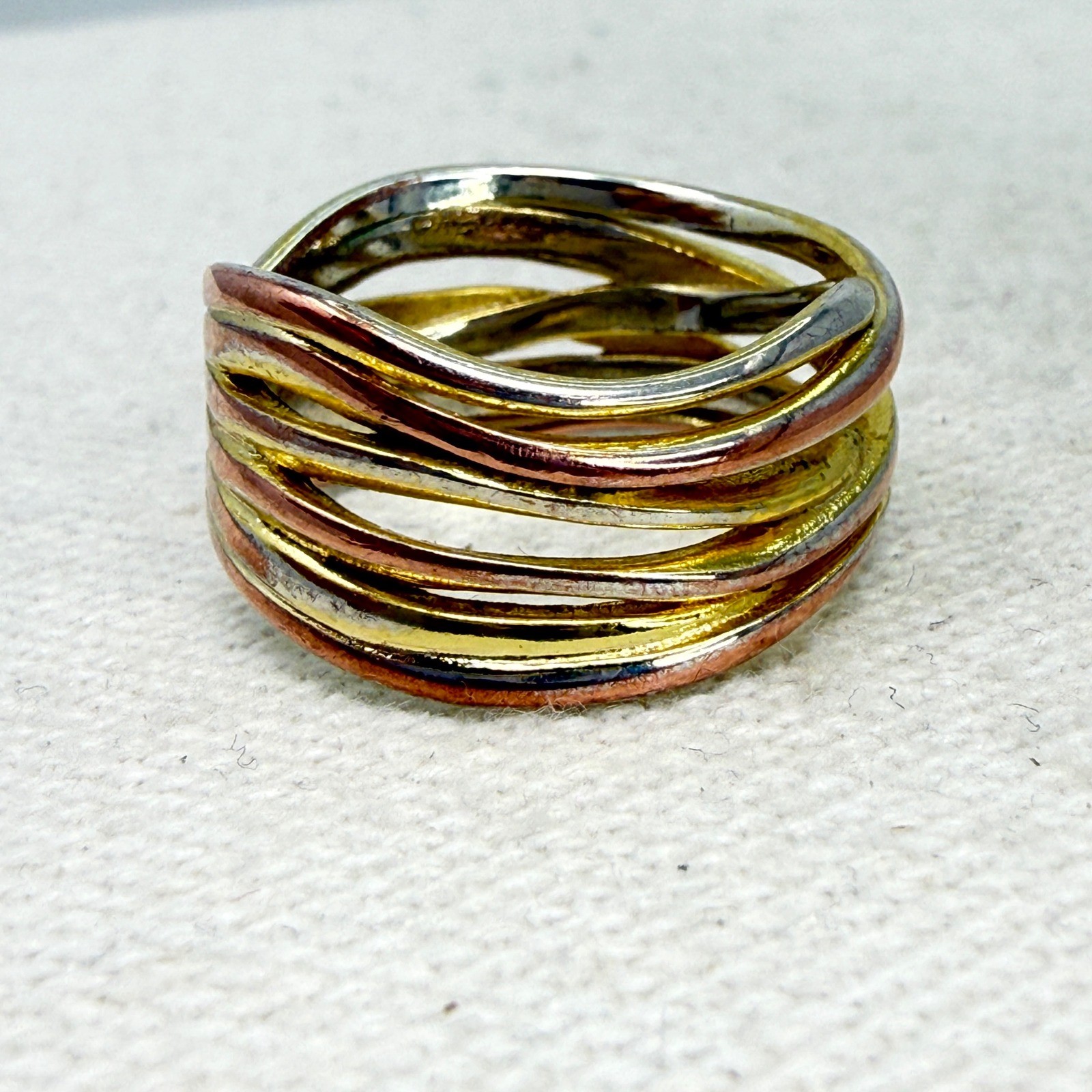 Sterling Silver Tri Color Multi Band Adjustable Wrap Ring Mixed Metal Modernist