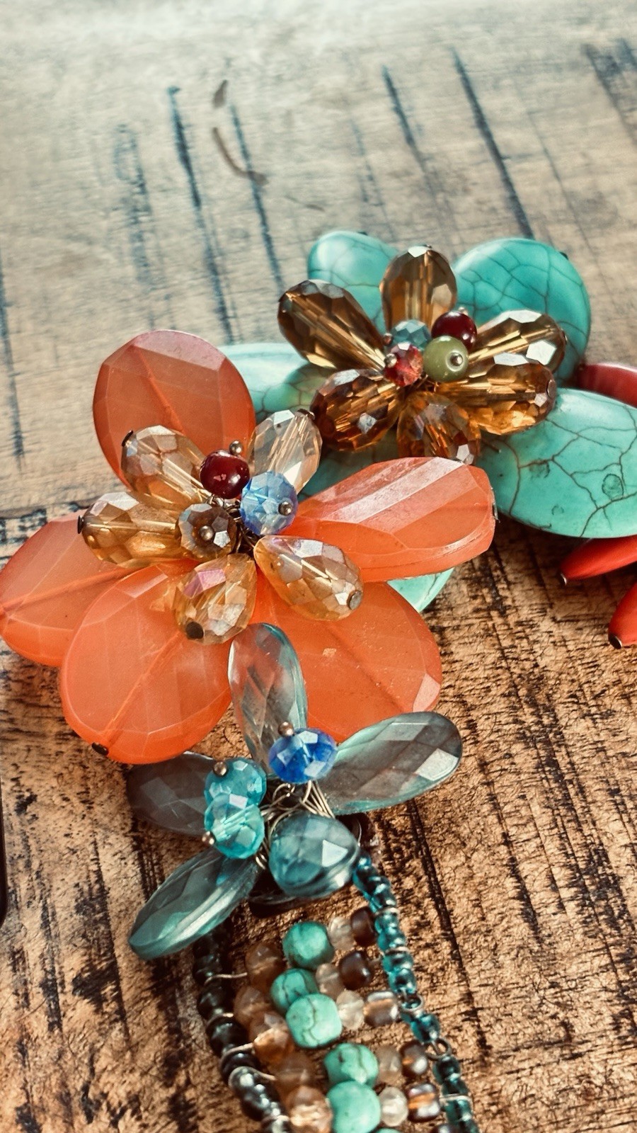 Vintage 2008 Boho Chunky MultiStrand Flower Statement Necklace Turquoise & Coral