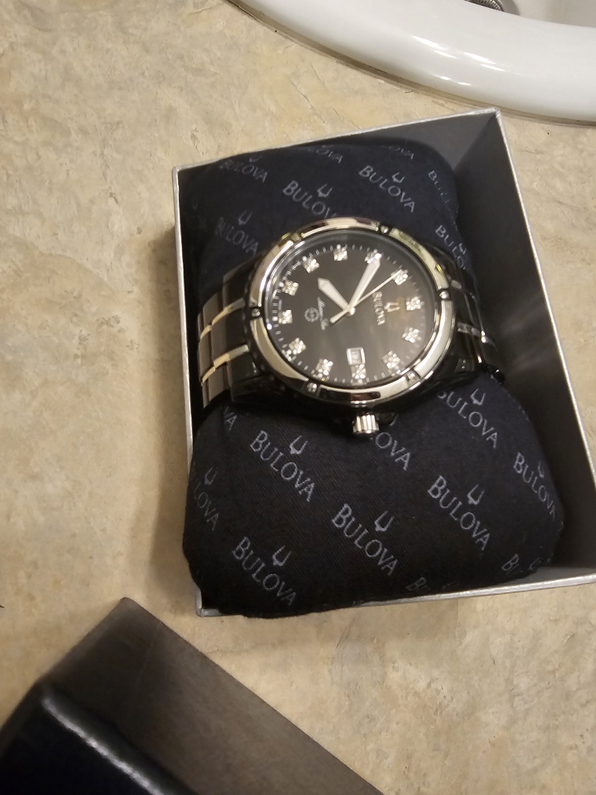 Bulova Marine Star Men’s Black Dial Diamond Markers Quartz Date Watch w/Box