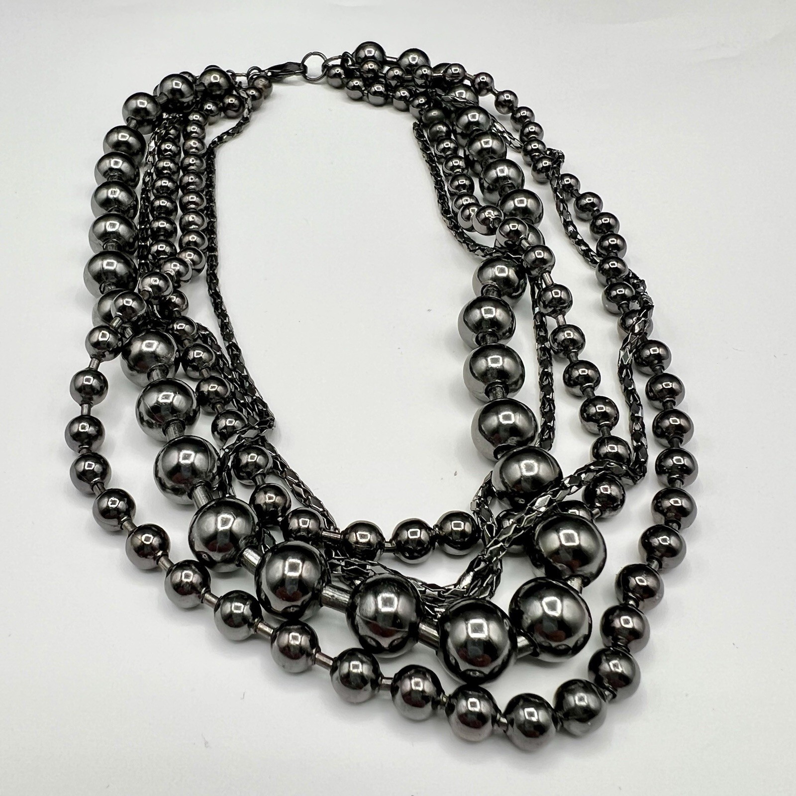 Gunmetal Hematite Multi Strand Layered Bead Necklace Noir Glam Runway Statement