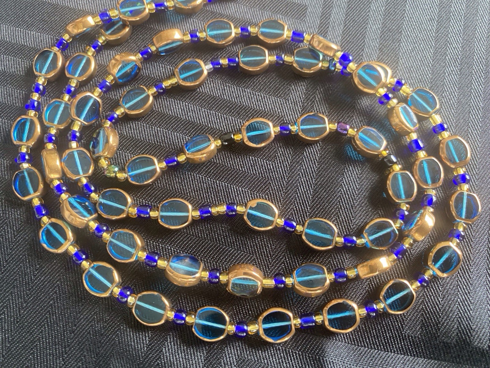 Royal Blue & Gold Waist Bead – Handmade Tie-On Strand with Bold Glass Beads