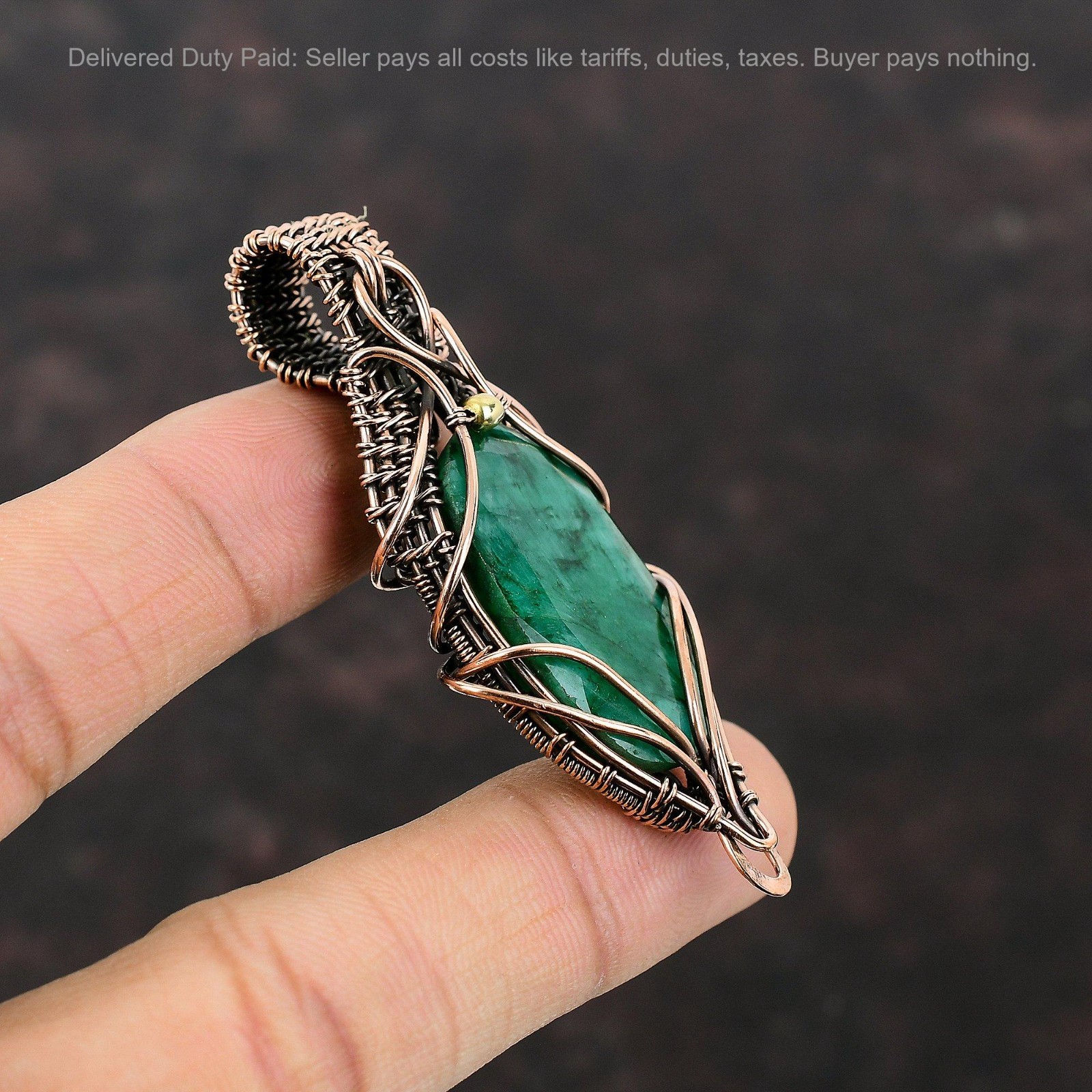 Faceted Zambian Emrald Stone Wife Wire Wrapped Birthday Pendant Jewelry Copper