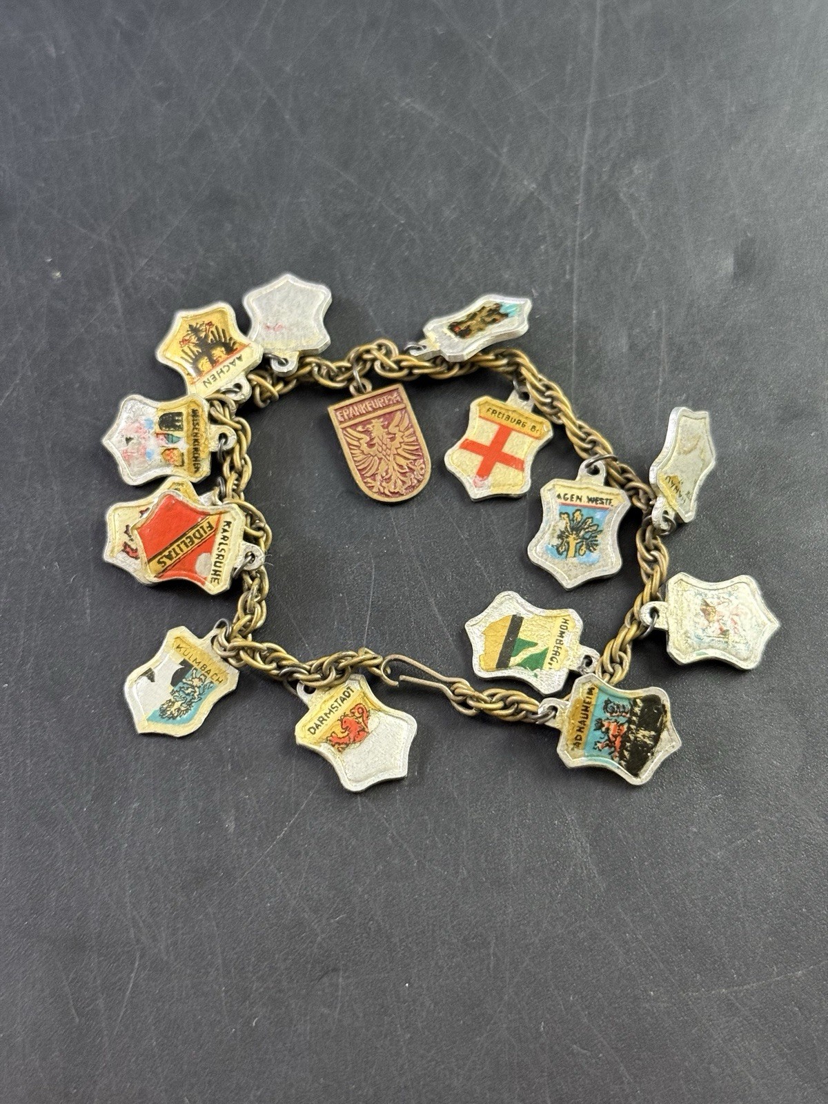 Vintage Enamel Tourist Europe Traveler 14 Charm Bracelet Cl.6