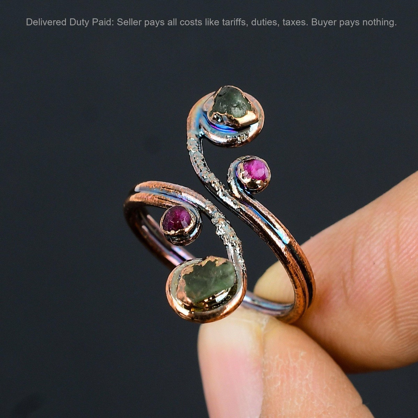 Multi Tourmaline Rough Stone Copper Electroformed Mother Stackable Ring Jewelry
