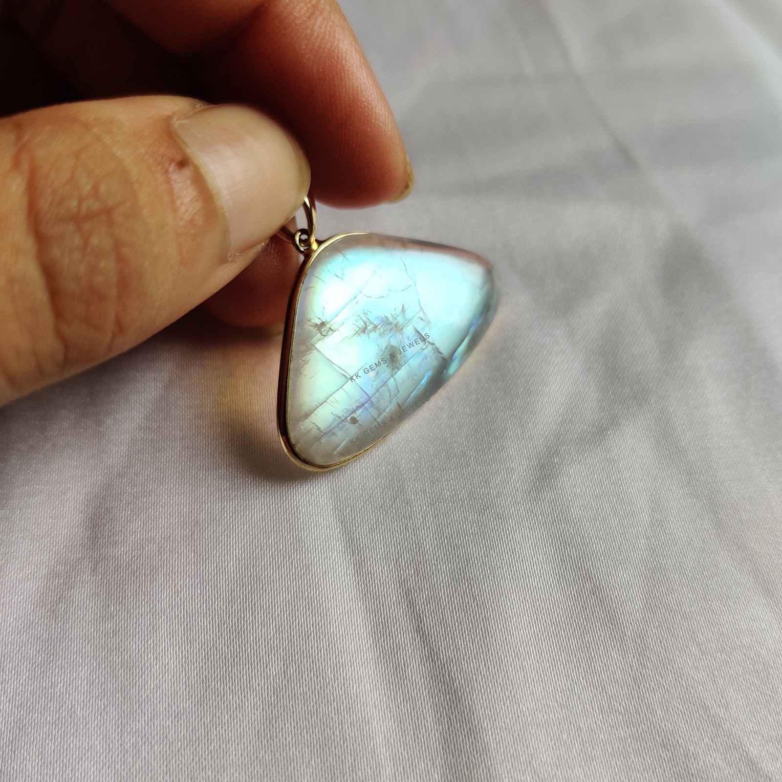 22.65 Ct Natural Rainbow Moonstone Pendant 14K Solid Gold June Birthstone Bezel